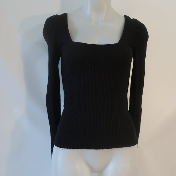 The Range Tops - Womens The Range (Item- 120) Black Ribbed Square Neck Puff Sleeve Blouse Top S